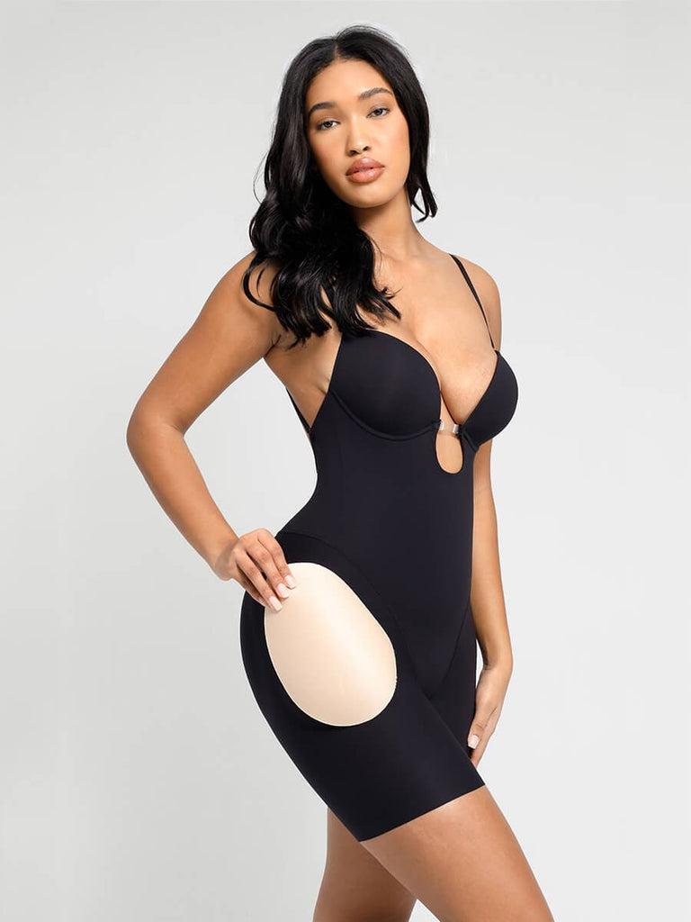 -cut Back Body Shaper with Built-in Removable Fake Buttocks and Crotch Pads