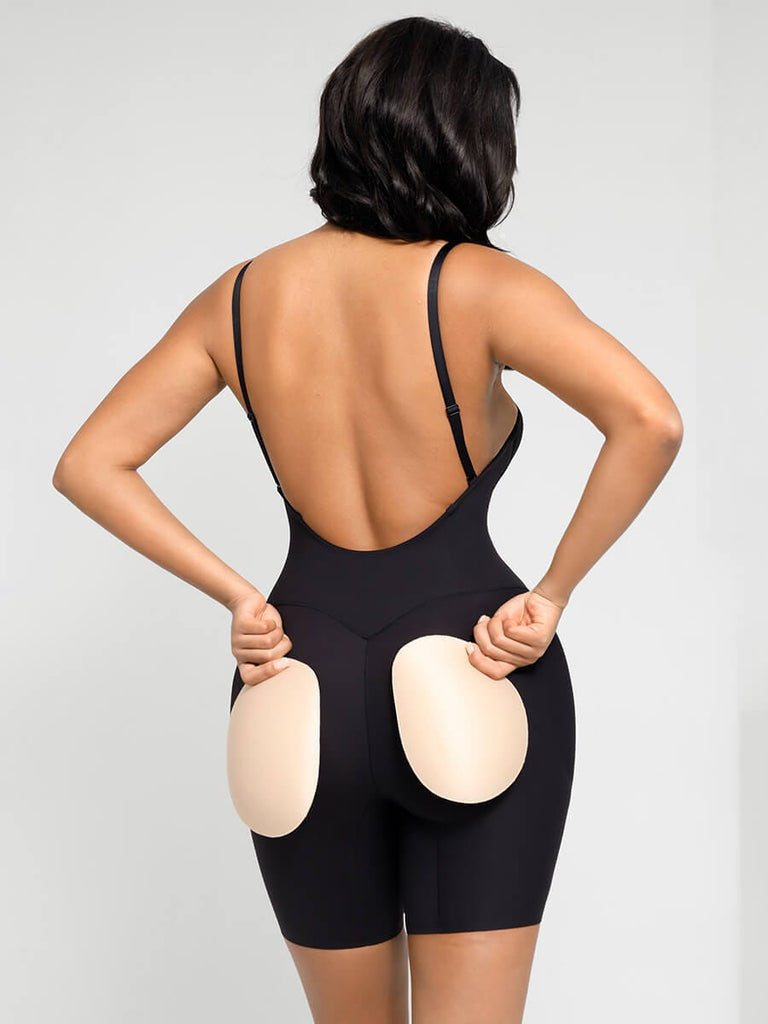 -cut Back Body Shaper with Built-in Removable Fake Buttocks and Crotch Pads