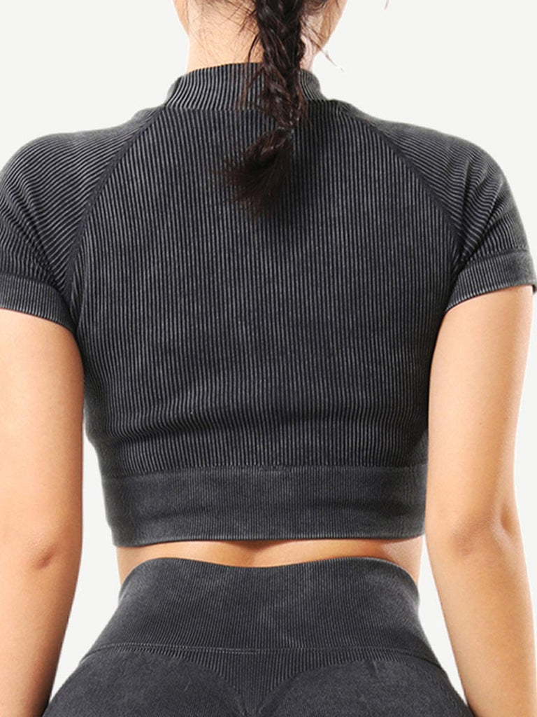 Wholesale Seamless High Neck Cap Sleeve Wash Ribbed Fabric Crop Top
