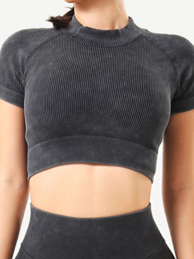 Wholesale Seamless High Neck Cap Sleeve Wash Ribbed Fabric Crop Top