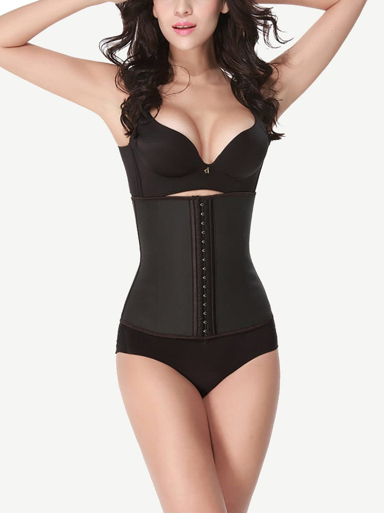 Wholesale 9 Steel Boned Black Latex Waist Cincher Hook-And-Eye Closures Smooth Silhouette